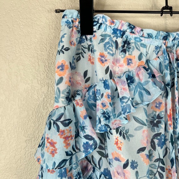 Lovers + Friends Mini Skirt Medium Women Floral Print Ruffle Blue Pink Tiered - Picture 5 of 13